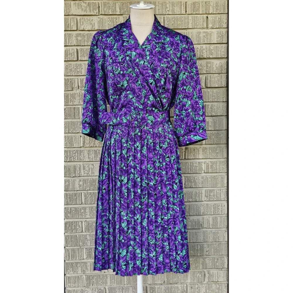 Vintage 80's Breli Original‎ Green & Purple Floral Belted Dress Size:12